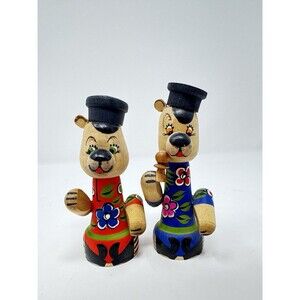 Vintage Hand Carved Painted Russian Wood Bear Figurines 4.5" Tall Set of 2